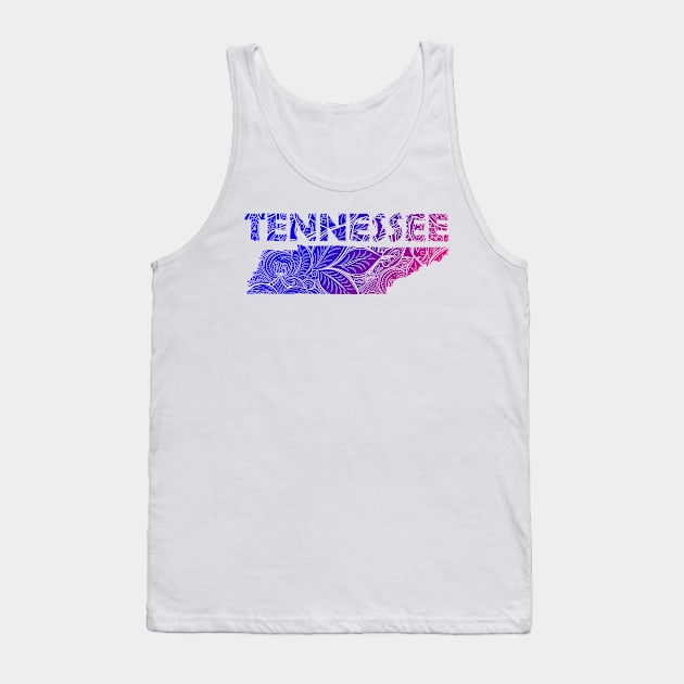 Colorful mandala art map of Tennessee with text in blue and violet Tank Top by Happy Citizen